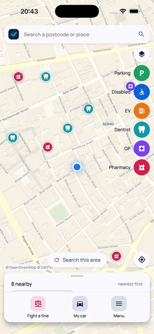 The Sorted UK app open on a live map with NHS dentist, GP and pharmacy pins near the user.